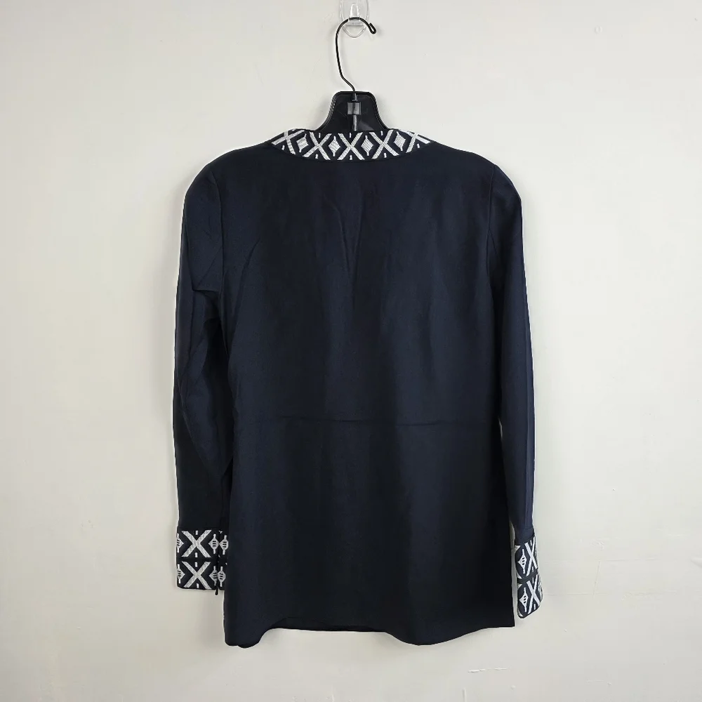 Tory Burch Embroidered Navy Tunic Top with Geometric Trim